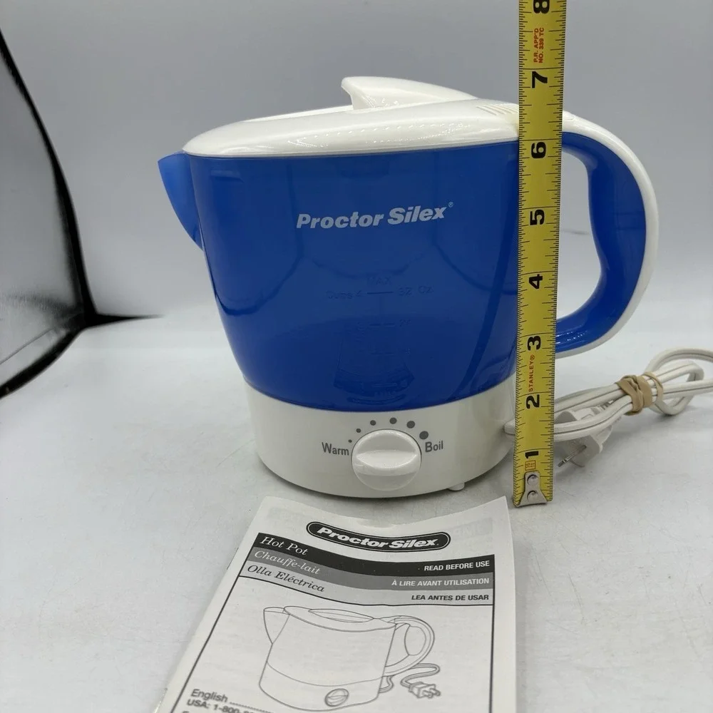 Proctor Silex Electric Kettle Hot Pot Boil 32 oz Max Blue White w Manual HP04